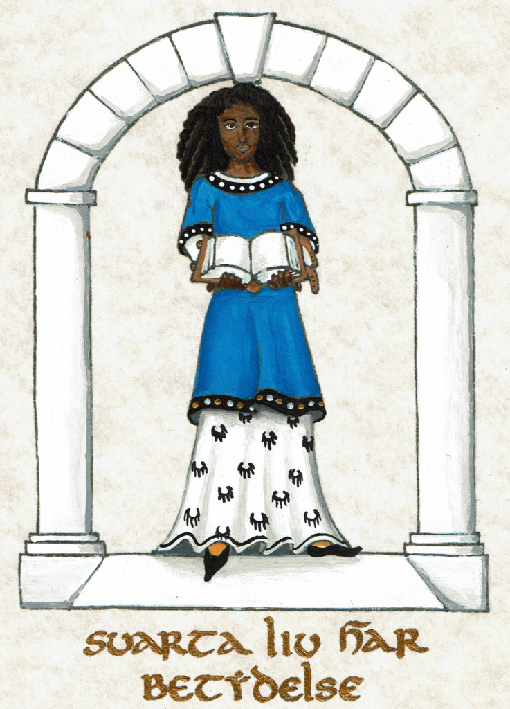 Heraldic badge: An African woman dressed in an ermine gown and blue tunic standing within an arch and holding in front of her an open book.  The Swedish phrase "svarta liv har betydelse" is written below.