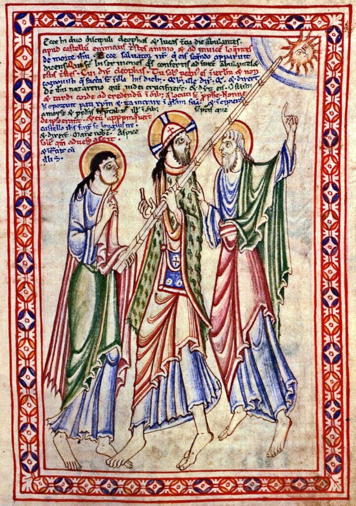 Christ on the road to Emmaus. (1130s CE) St Albans Psalter. Scene depicts Christ wearing a rectangular cross body bag with cross and circles embellished on it. 