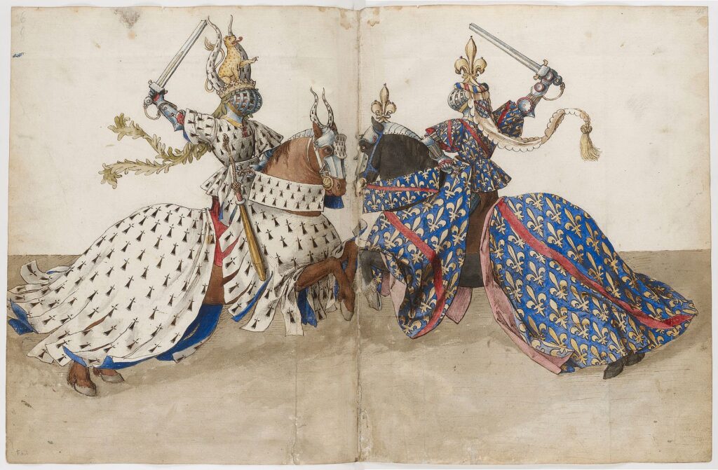 The Duke of Brittany jousting with the Duke of Bourbon, from Le Livre des tournois, c 1460
