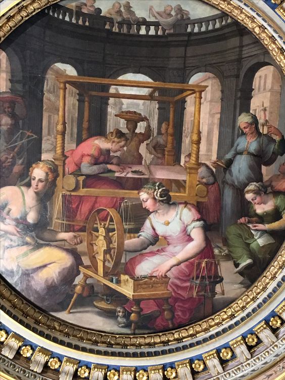 A fresco painting of 8 women working at various weaving preparation.