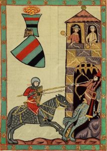 Codex Manesse image of a knight on a horse attacking a castle.