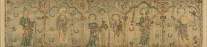Photo of Opus Anglicanum piece. Five biblical scenes under five arches.