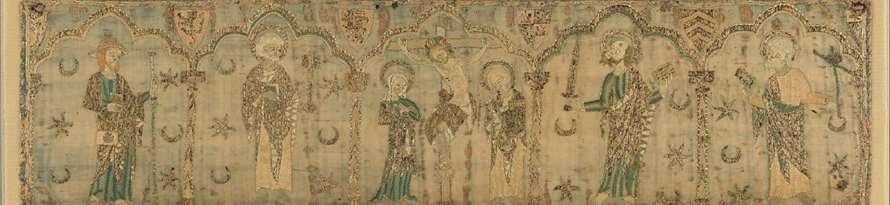 Photo of Opus Anglicanum piece. Five biblical scenes under five arches.
