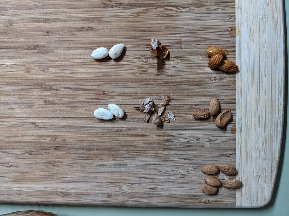 3 rows of almonds, with a column for peels and column for peeled almonds