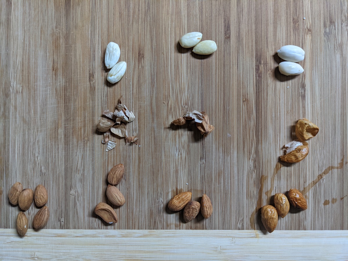 3 rows with 4 columns with almonds, peels, and peeled almonds