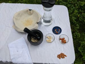 A pile of almonds on a tablecloth with peeled almonds in glass bowl, soaked almonds in a glass bowl, almond peels on a blue lid, almonds being ground in a black mortar and pestle, ground almonds resting on cheesecloth in a dish, a container of water, and a white hand towel.