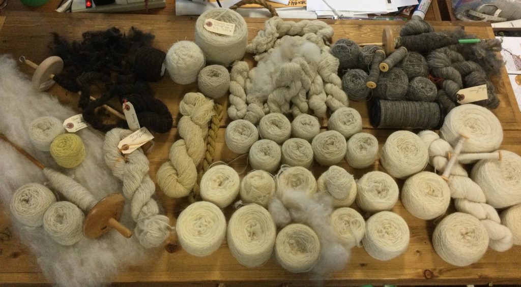 Balls and skeins of single spun wool using various breeds of white, gray or dark brown.