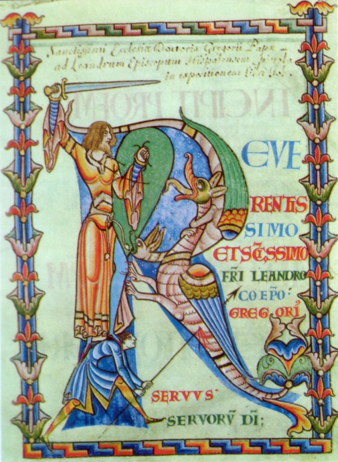 Manuscript image of a warrior dressed in orange stands on the back of a man wearing orange hose as he tries to slay 2 dragons