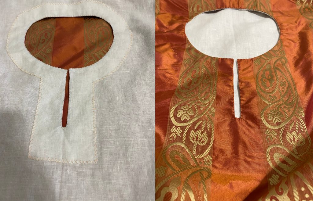 A keyhole neckline shown from the inside (white linen) and the outside (orange and yellow striped silk)