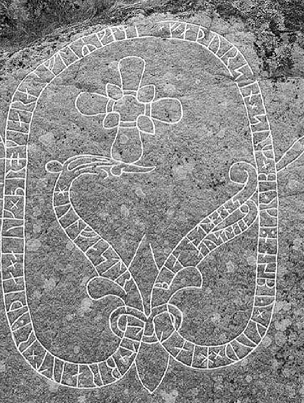 Holmfast Runestone from Sweden with twin-tailed serpent and inscription commemorating a woman