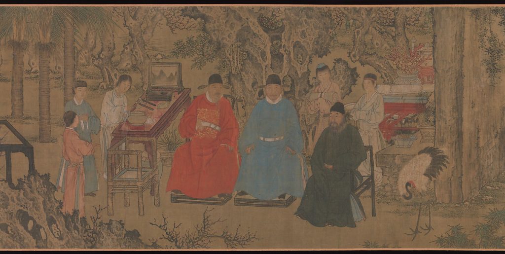Chinese scroll with two seated men in robes of orange and blue with collars and closures at the neck and shoulder