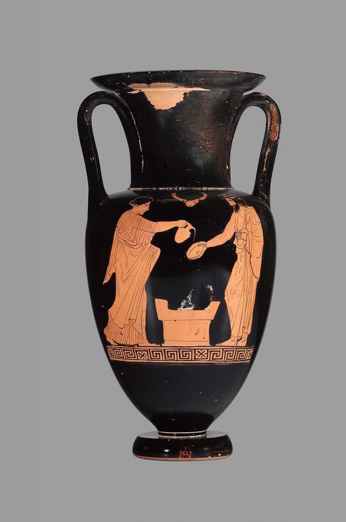 Two-handled jar (amphora) depicting a man and a woman sacrificing at an altar